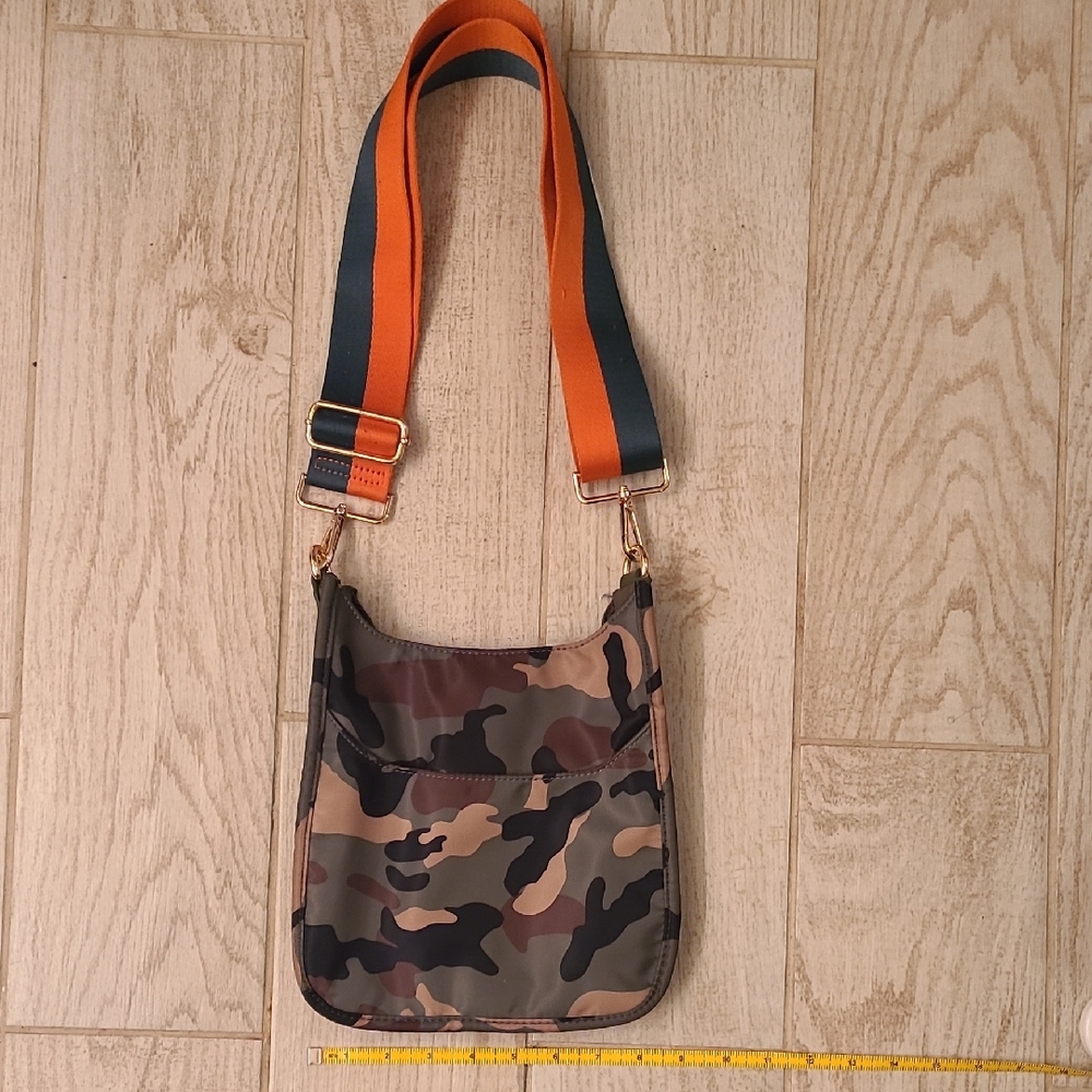 Camouflage Crossbody Bag with Orange & Green Strap BNWOT